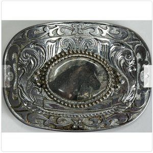 Horse head inlaid cabochon with Vine Scrollwork Trophy Belt Buckle